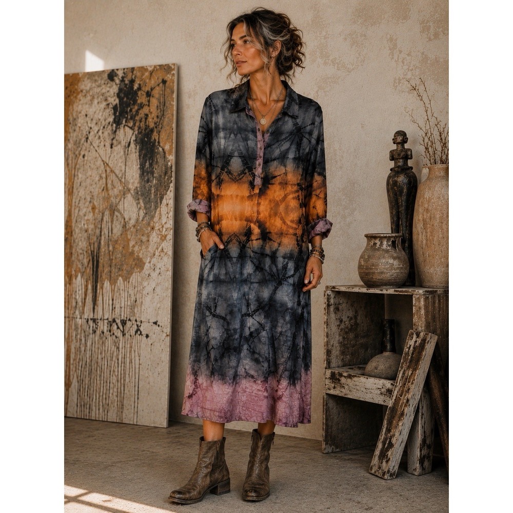 Johnny Was CALMÉ Dress‎ Midi SZ Small Art to Wear Tie Dye Lagenlook Boho Resort